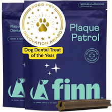 Load image into Gallery viewer, Blue packaging for Finn Plaque Patrol dog dental treats showing 2025 Pet Innovation Award, mint flavor, medium/large dogs, with brown dental chew visible
