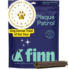 Load image into Gallery viewer, Blue package of Finn Plaque Patrol dog dental treats with 2025 Pet Innovation Award seal and brown dental chew stick shown